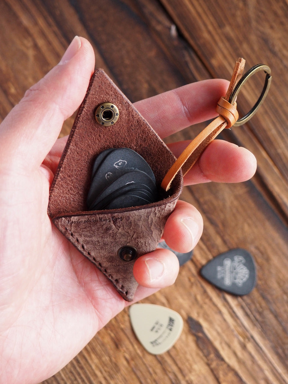 Personalized Leather Folded Guitar Pick Holder Keychain #Ghost Brown | Handmade Leather Goods | Personalized Gifts | ES Corner