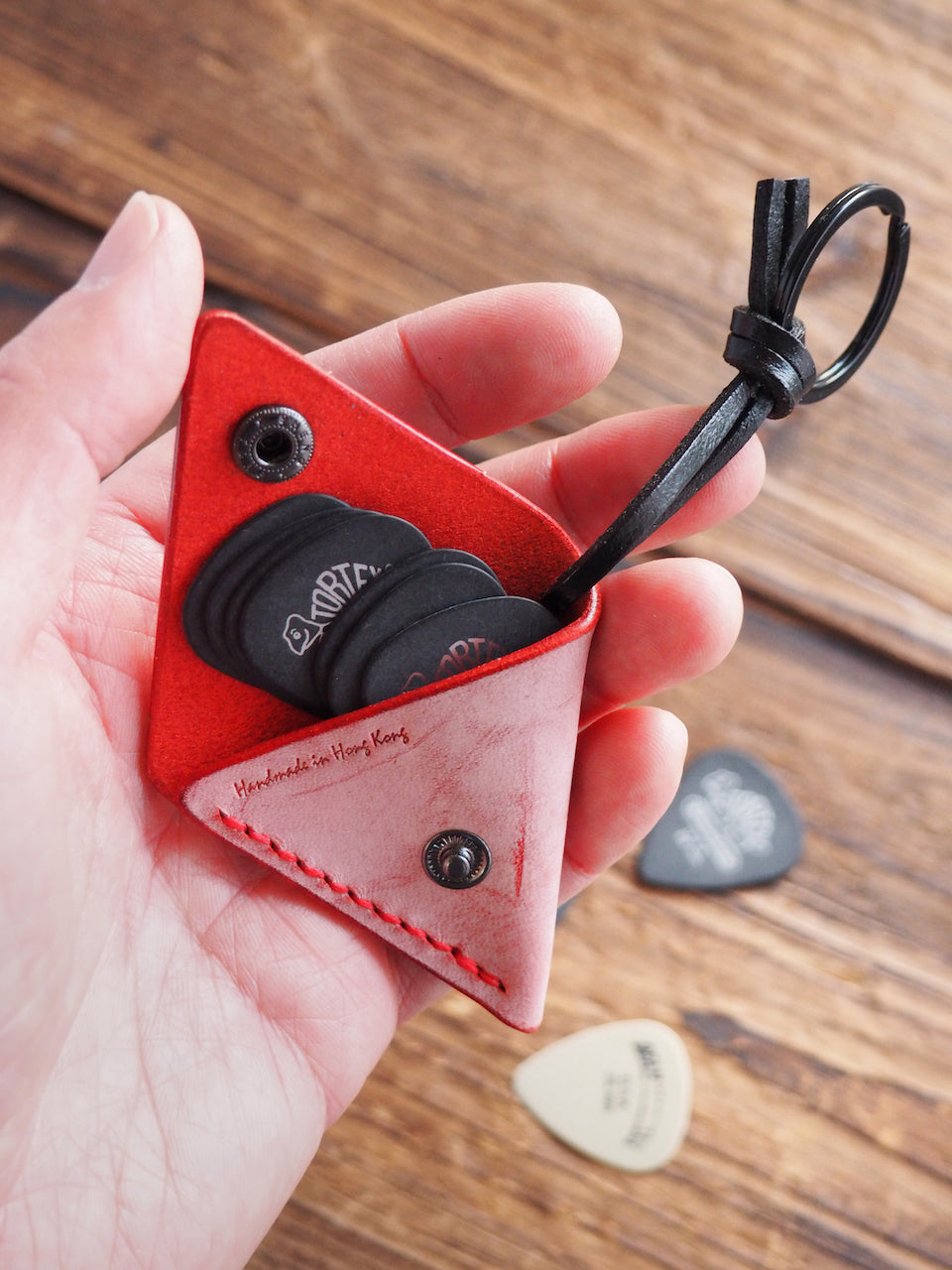 Personalized Leather Folded Guitar Pick Holder Keychain #Ghost Red | Handmade Leather Goods | Personalized Gifts | ES Corner