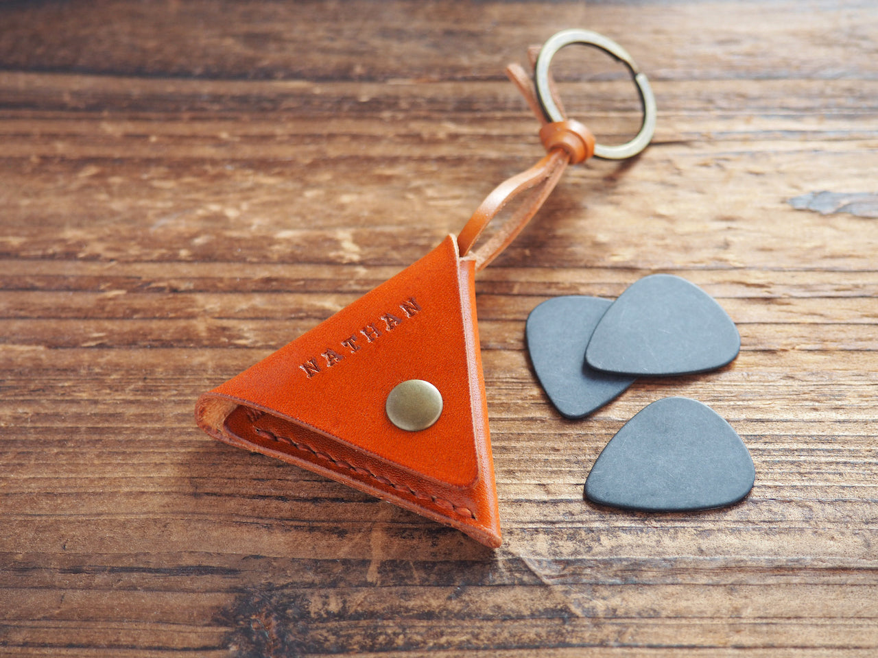 Personalized Leather Folded Guitar Pick Holder Keychain #Honey Brown | Handmade Leather Goods | Personalized Gifts | ES Corner