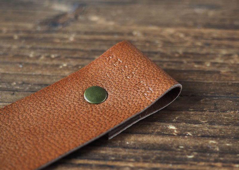 ES Corner Handmade Leather Bookmark metal stud Dark Brown Close up