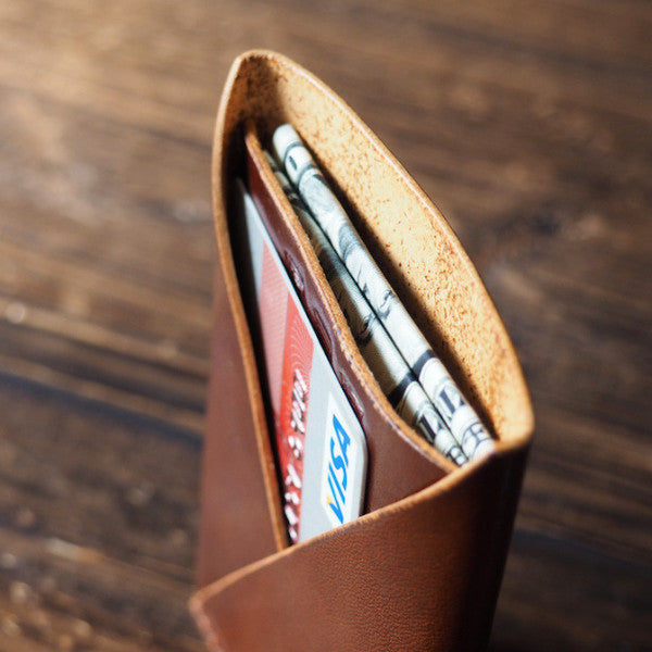 ES Corner Leather Minimal Folded Card Wallet Slim Card Wallet Whiskey Brown with cash and credit card