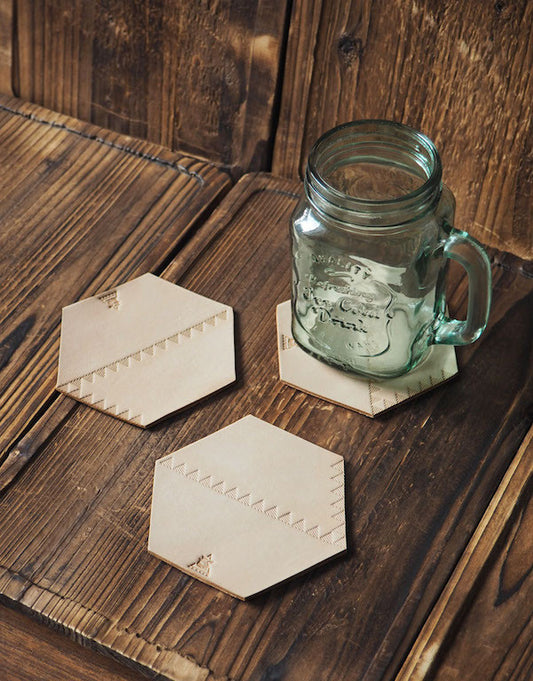 ES Corner Handmade Set of 3 Leather Coaster Hand tooled Triangle pattern Natural Nude