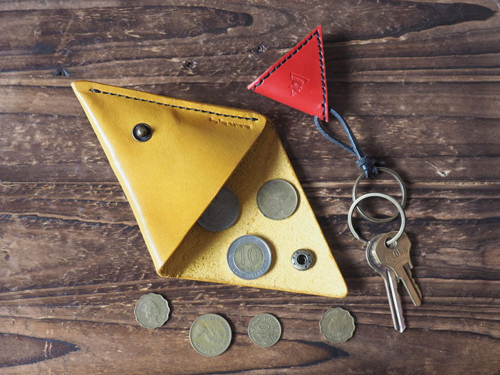 Leather Triangle Coin Purse #Yellow & Keychain #Red | ES Corner