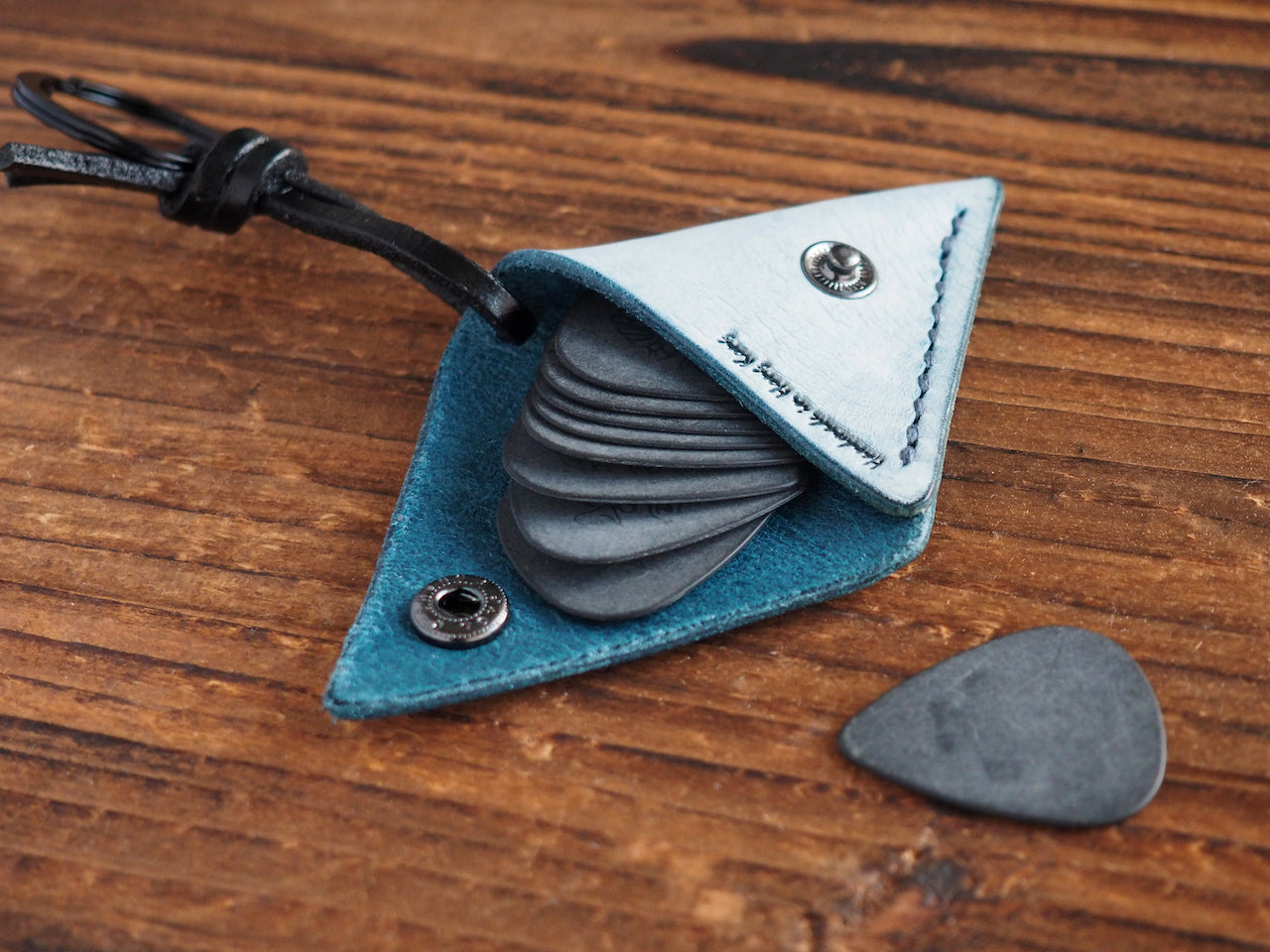 Personalized Leather Folded Guitar Pick Holder Keychain #Ghost Blue | Handmade Leather Goods | Personalized Gifts | ES Corner