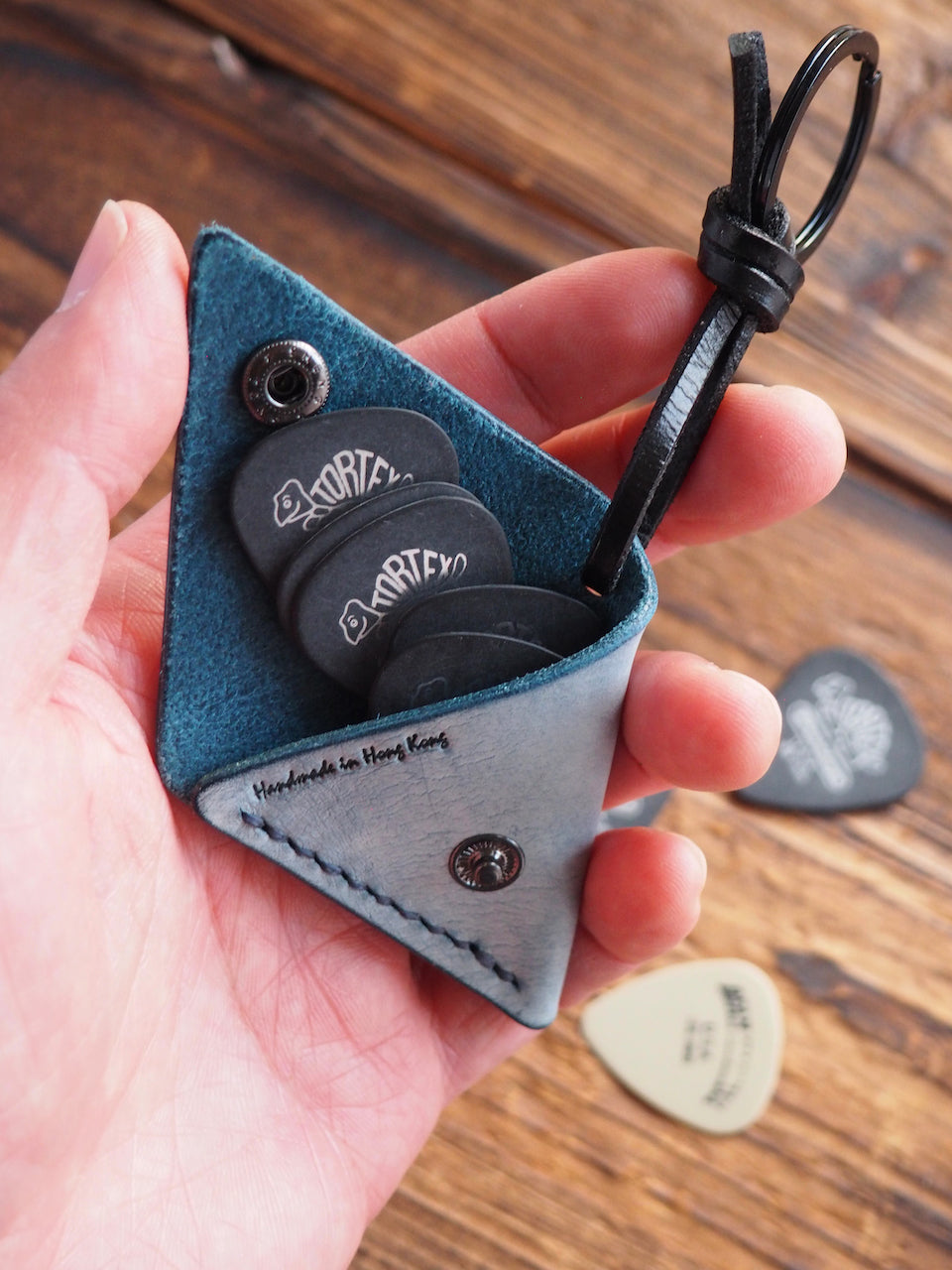Personalized Leather Folded Guitar Pick Holder Keychain #Ghost Blue | Handmade Leather Goods | Personalized Gifts | ES Corner