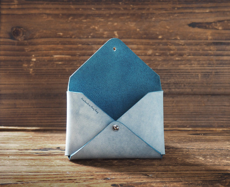 ES Corner Leather Minimal Business Card Holder Slim Wallet Blue open