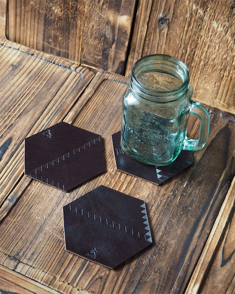 ES Corner Handmade Leather Rustic Coaster Dark Brown Hexagon Shape with Triangle Pattern