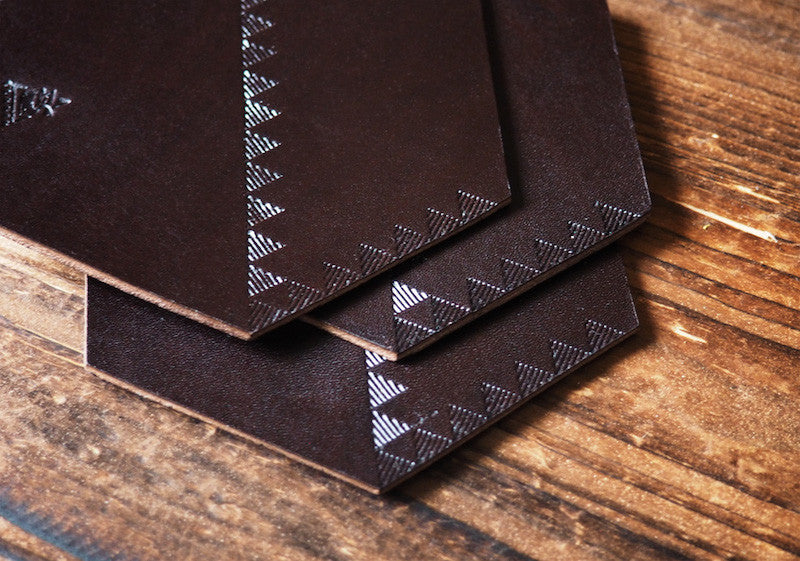 ES Corner Handmade Leather Triangle Pattern Cup Coaster Close up in a Hexagon shape